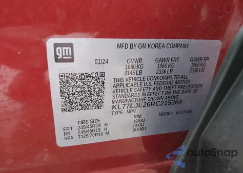 2024 Chevrolet Trax Fwd 2Rs z USA, uszkodzony, nr VIN KL77LJE26RC215364